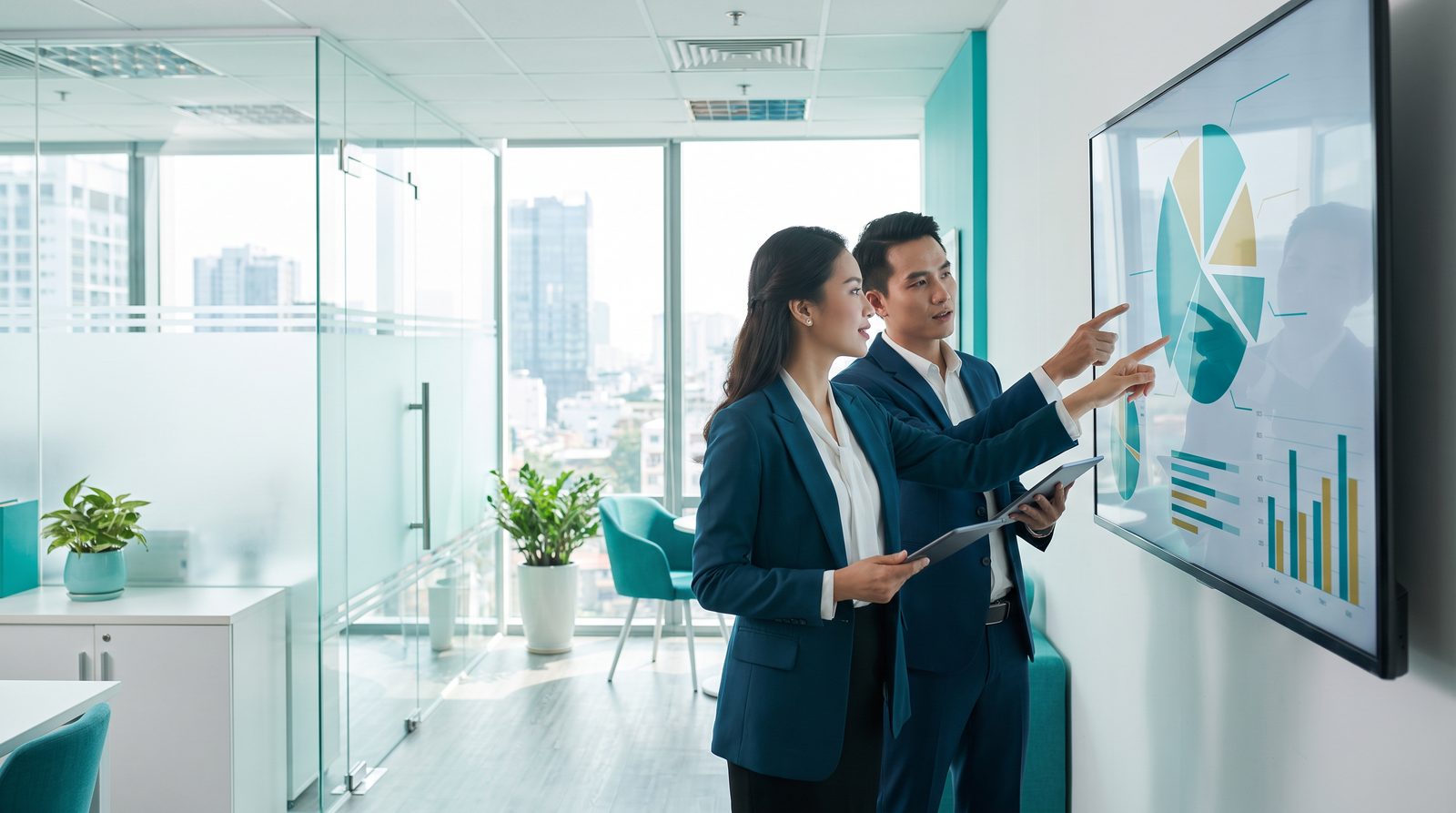 Hai chuyên viên đầu tư trẻ trao đổi bên màn hình biểu đồ danh mục