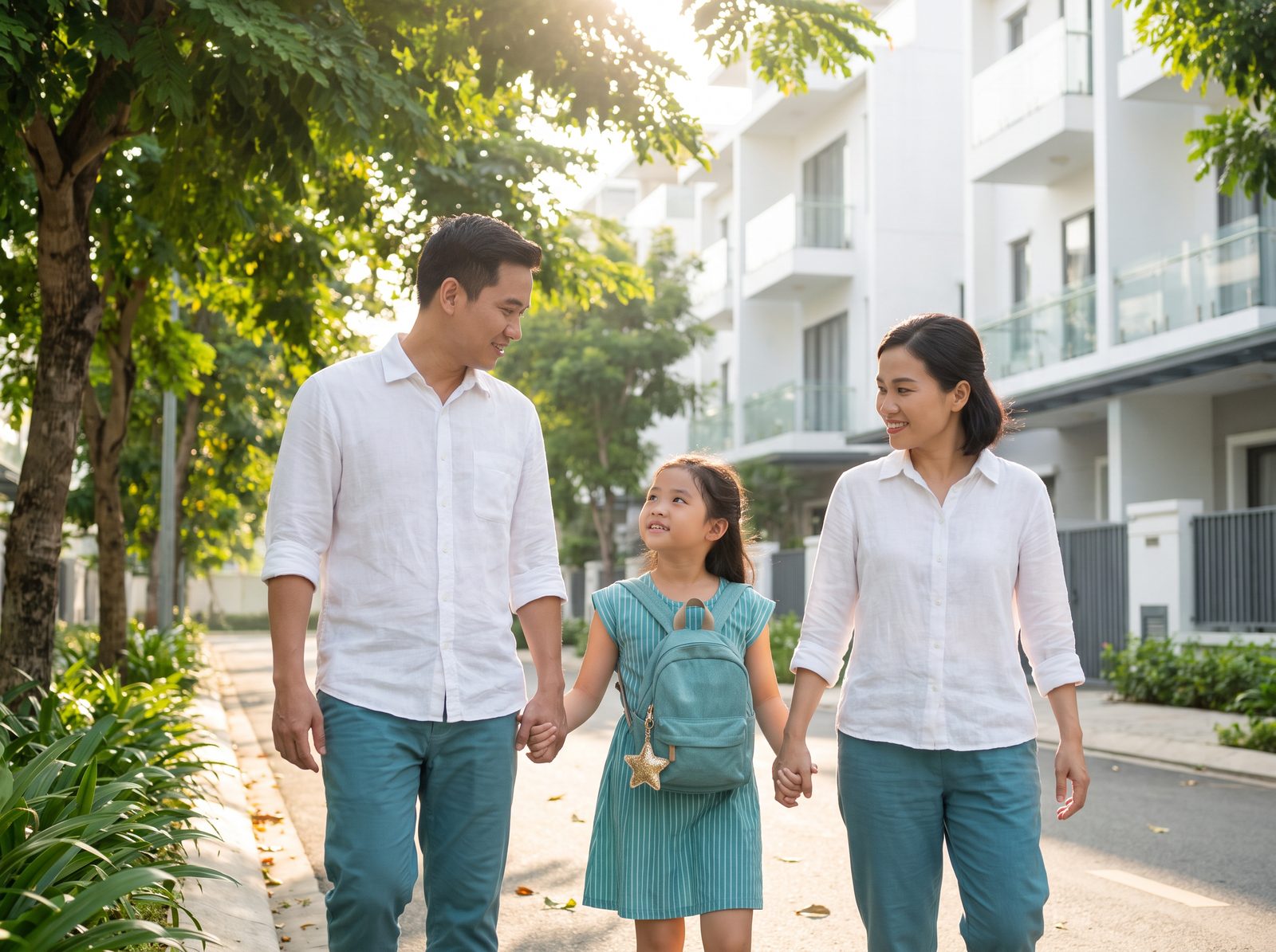 Gia đình trẻ dạo phố buổi sáng