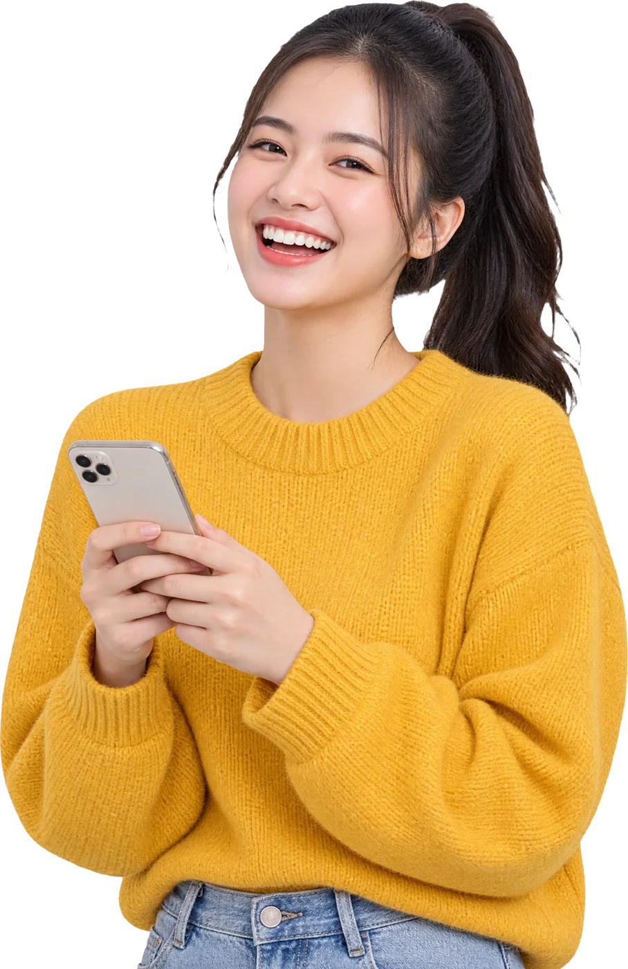 Cô gái trẻ cười khi dùng điện thoại