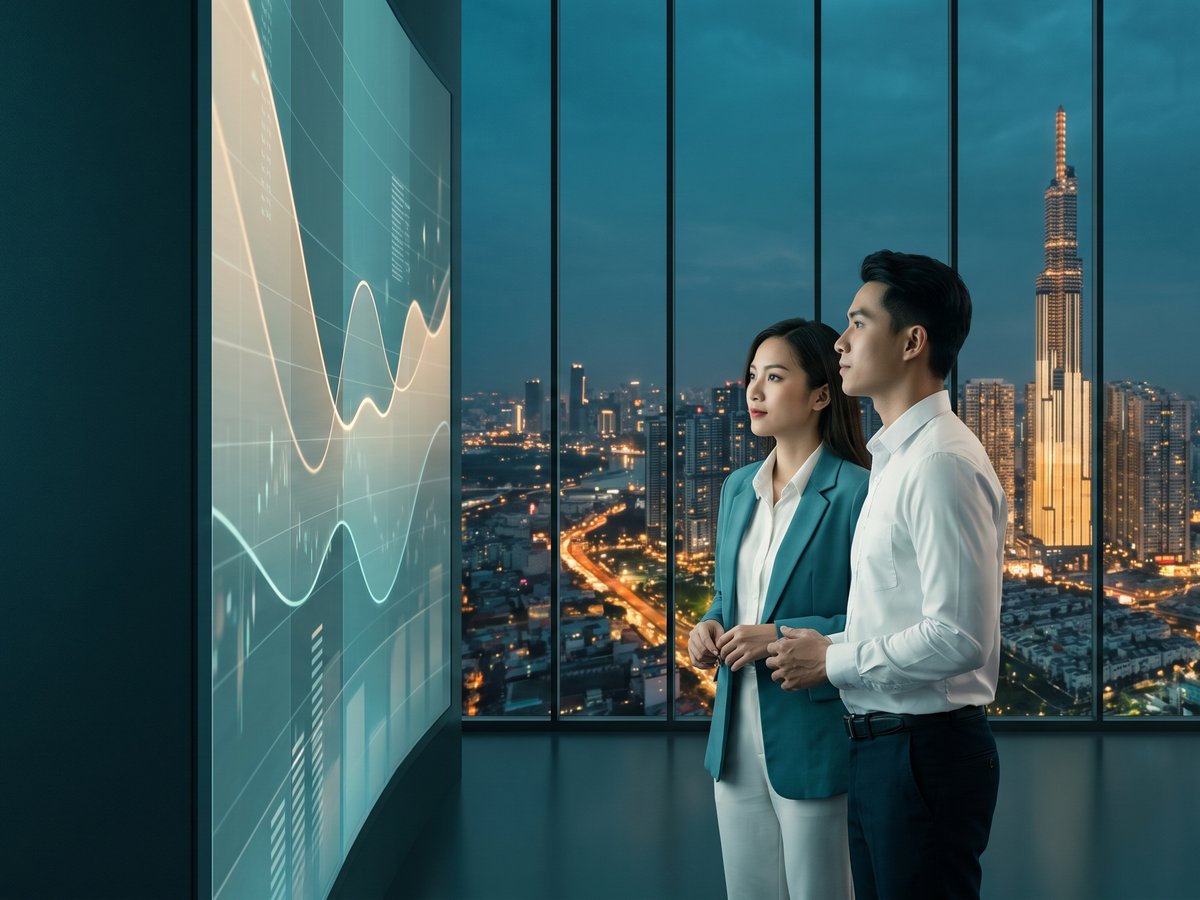 Hai nhà đầu tư trẻ xem biểu đồ thị trường trong văn phòng nhìn ra Sài Gòn